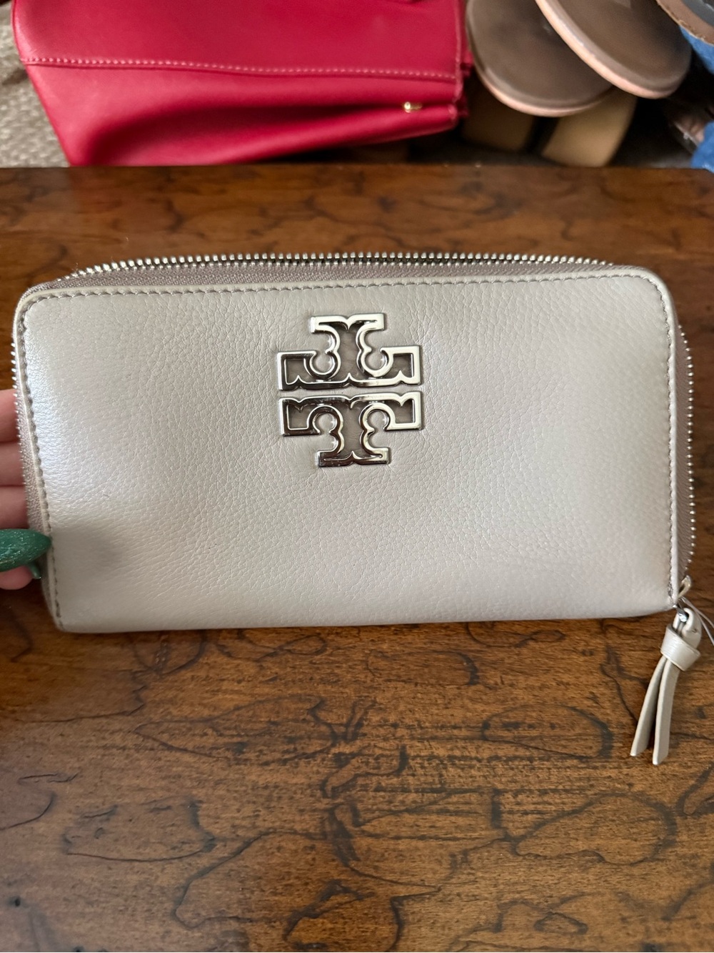 Tory Burch Zip-Around Pebbled Leather Wallet in Light Beige with Gold Logo